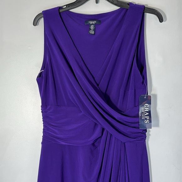 Chaps Dress Purple‎ Ruched Midi Faux Wrap Sleeveless  Sheath in Size L  NWT - Picture 3 of 12